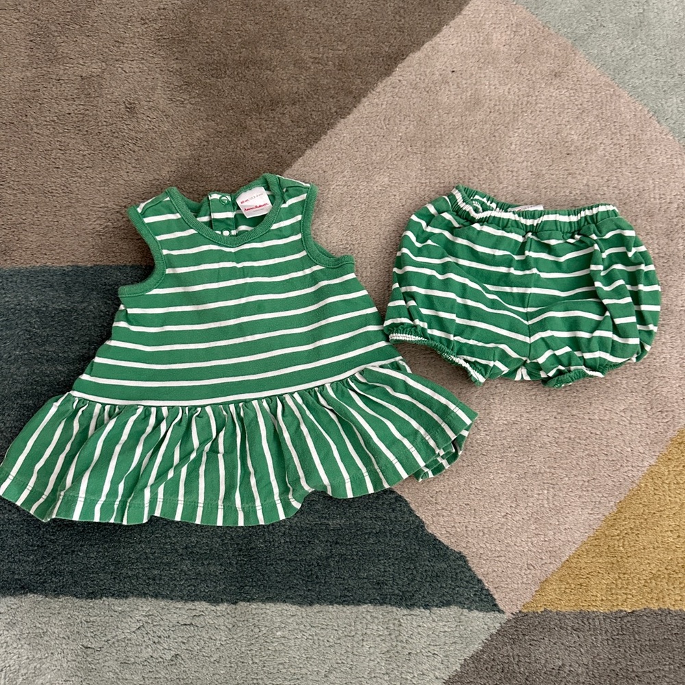 Hanna Andersson Green and White Striped Dress and Bloomer Set